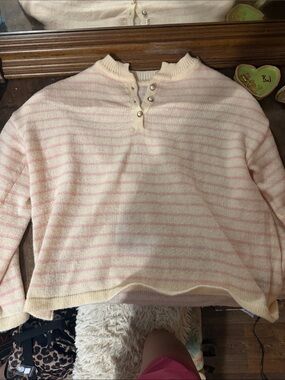 SHEIN Cream and Soft Pink Striped Henley Sweater with pearl buttons.